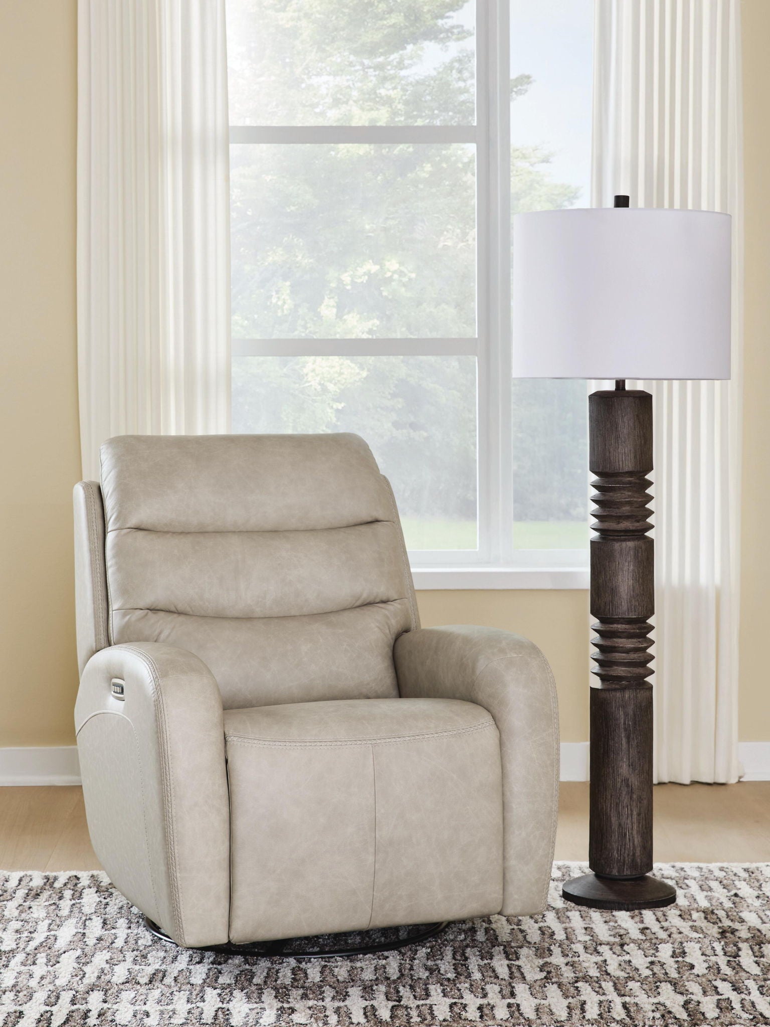 Power recliner swivel glider chair, light beige upholstery with padded arms and back