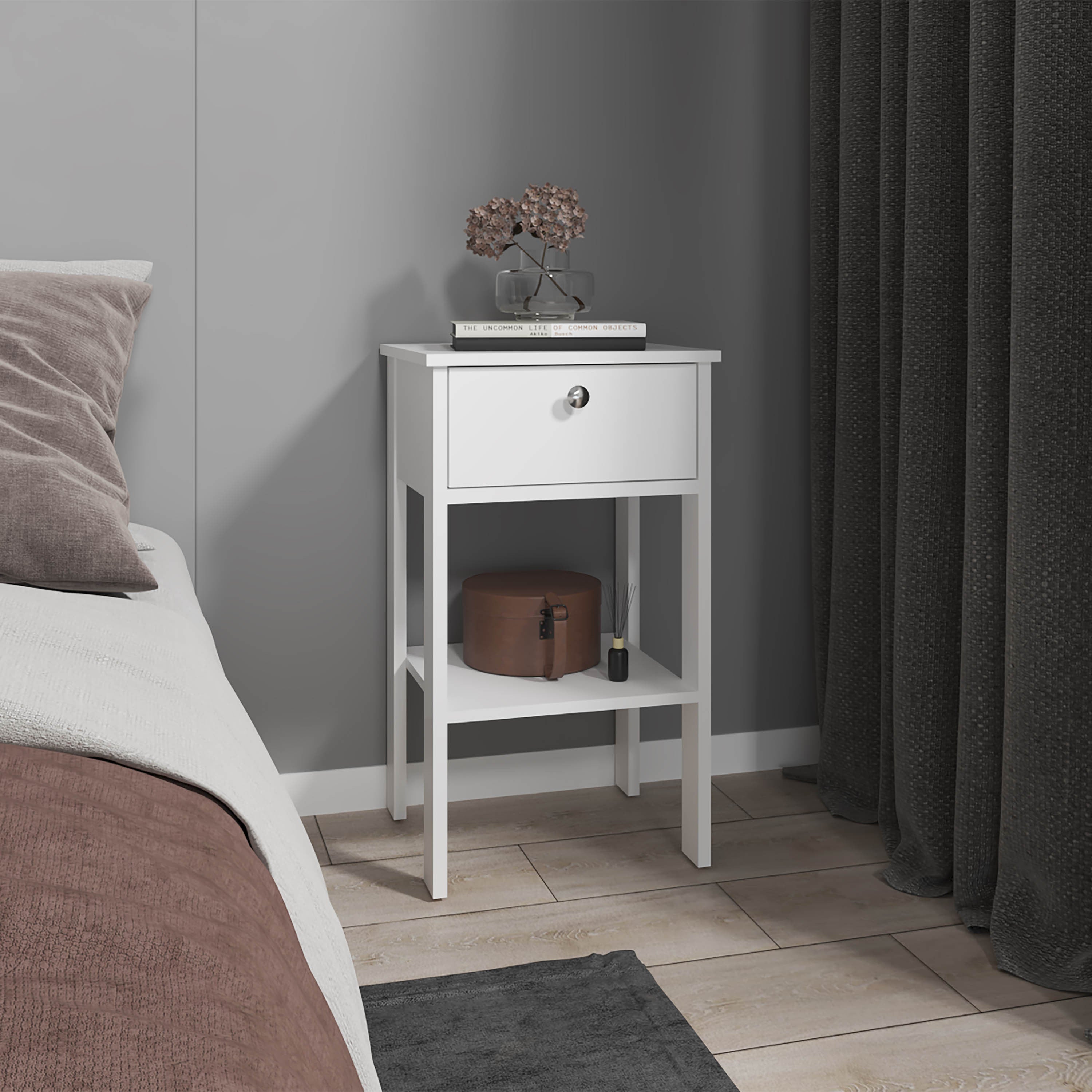 White Nightstand: 1 Drawer, 1 Shelf Storage for Bedroom