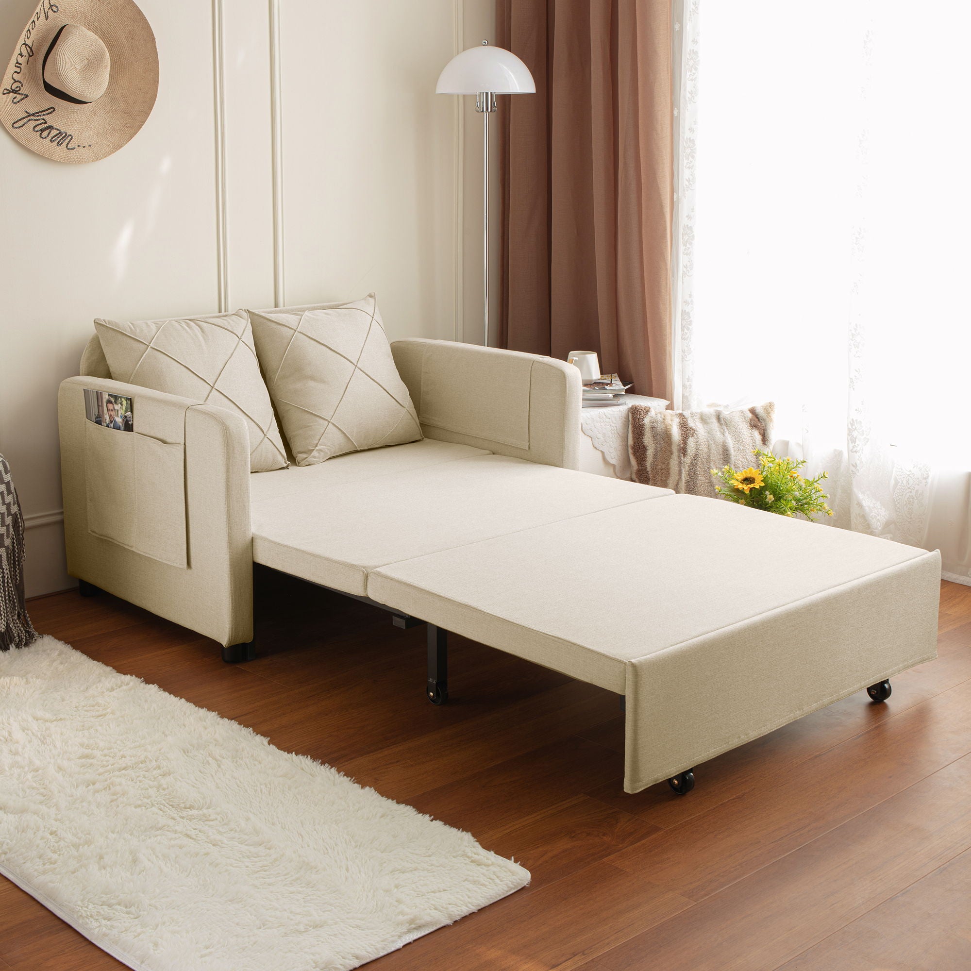 Modern Love Seat Futon Sofa Bed With Headboard, Linen Love Seat Couch, Pull Out Sofa Bed With 2 Pillows & 2 Sides Pockets For Any Small Spaces - Beige