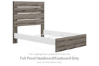 Full panel headboard and footboard with horizontal slats in brown-gray wood