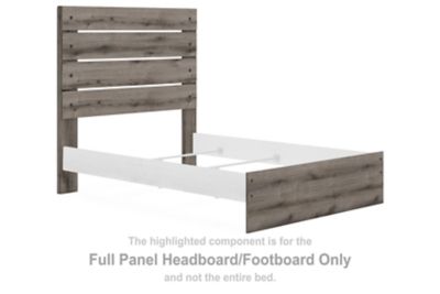 Full panel headboard and footboard with horizontal slats in brown-gray wood