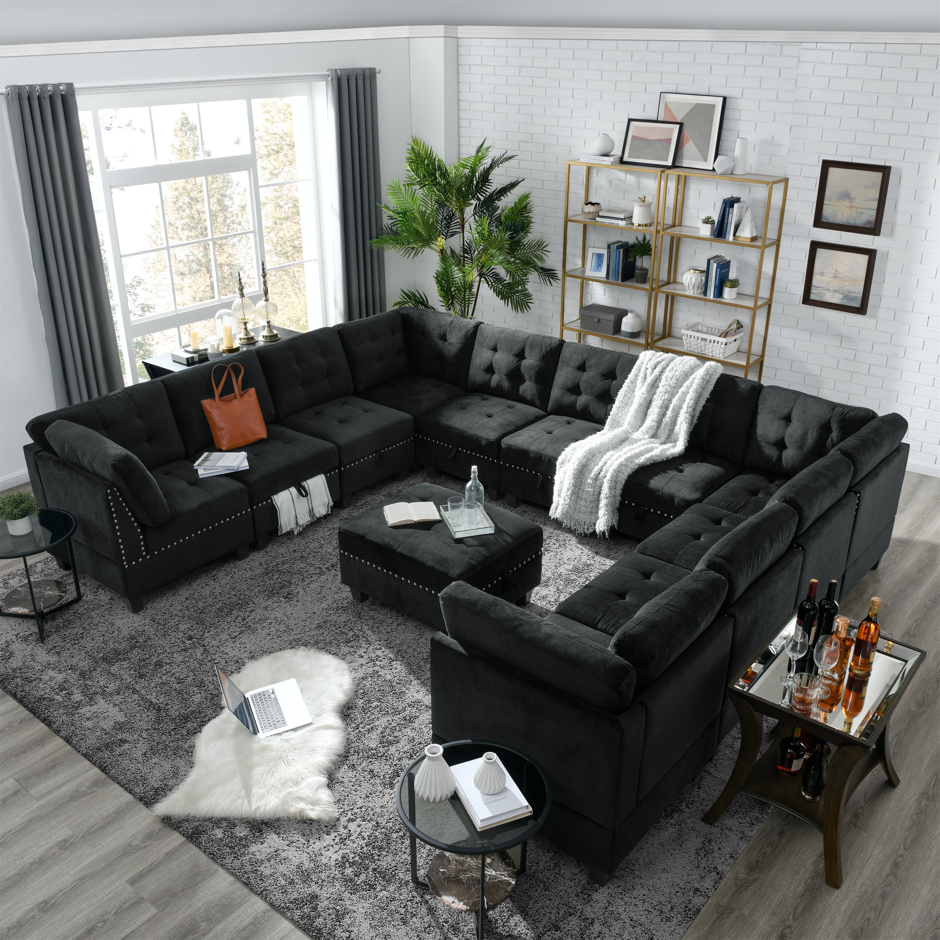 12-Piece Large Black Velvet U-Shape Modular Sectional Sofa with Ottoman-American Furniture Outlet -American Furniture Outlet