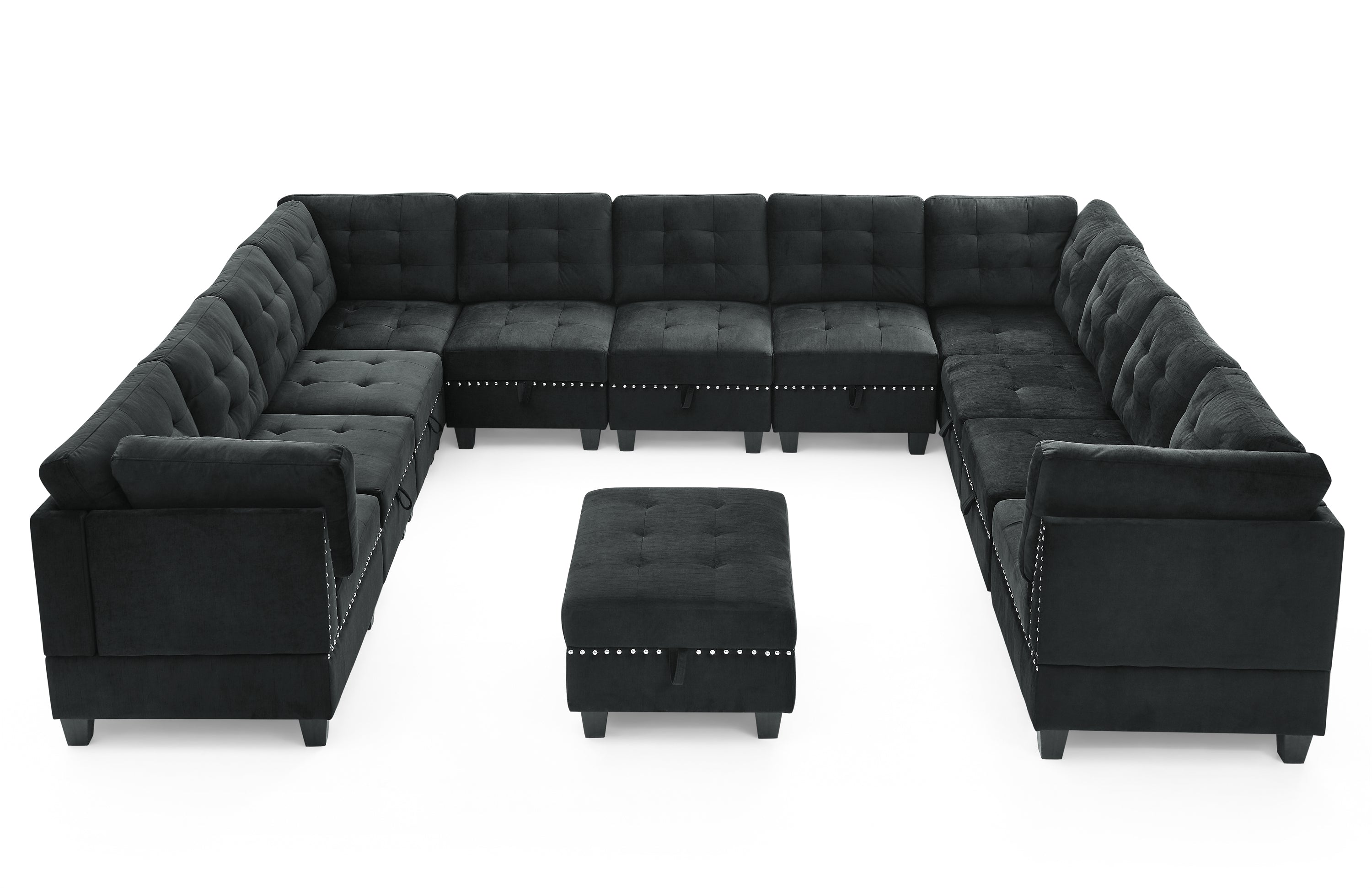 12-Piece Large Black Velvet U-Shape Modular Sectional Sofa with Ottoman-American Furniture Outlet -American Furniture Outlet