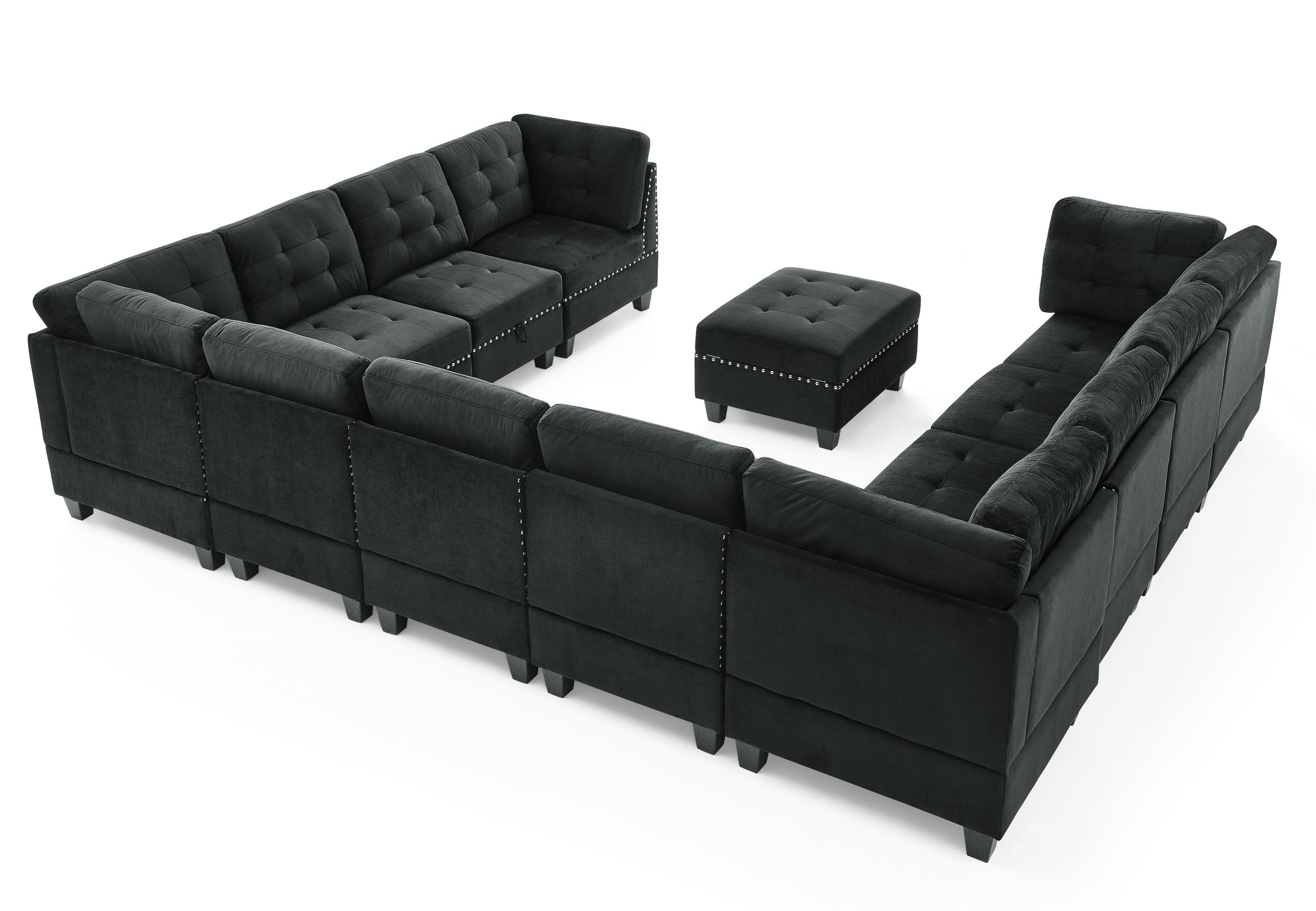 12-Piece Large Black Velvet U-Shape Modular Sectional Sofa with Ottoman-Stationary Sectionals-American Furniture Outlet