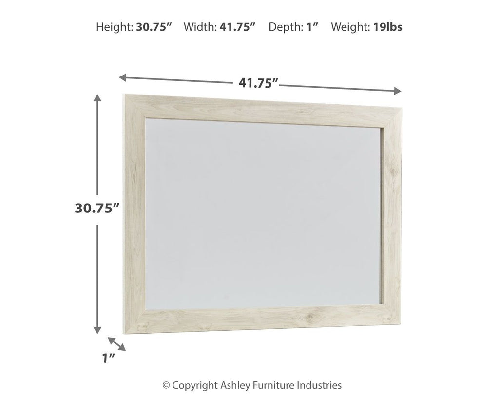 Rectangular whitewash mirror frame, front view, with clear glass panel