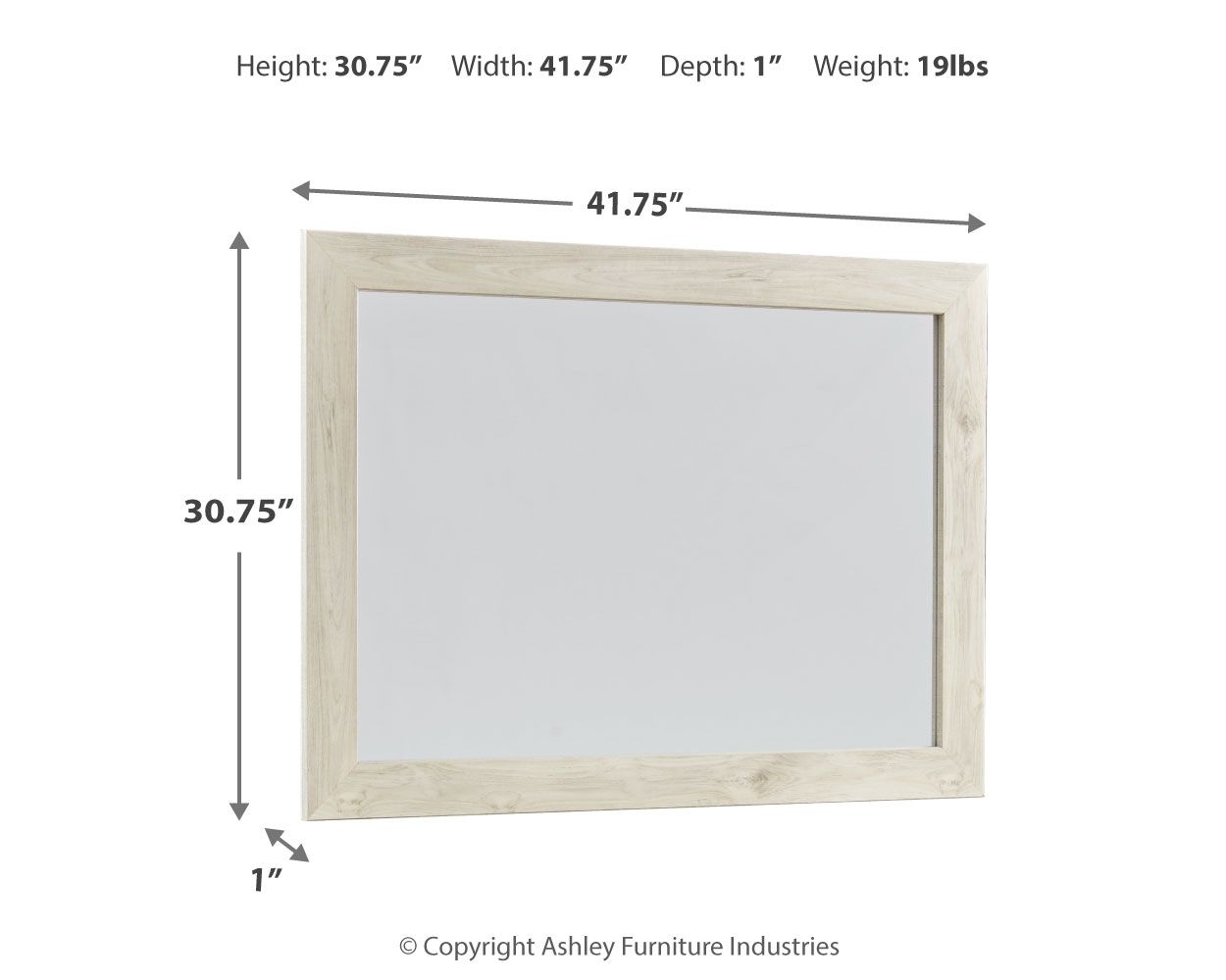 Rectangular whitewash mirror frame, front view, with clear glass panel
