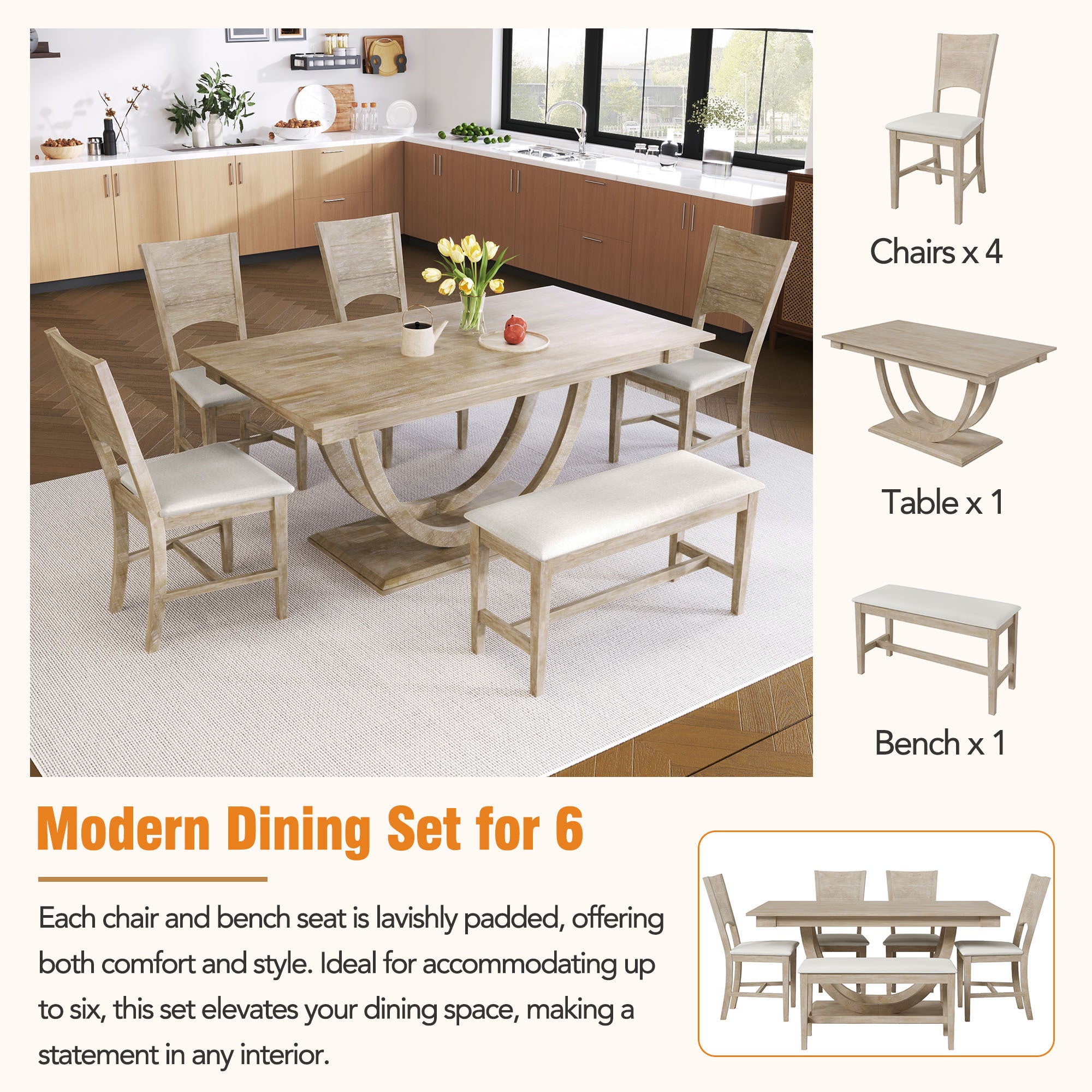 6-Piece Wood Dining Set - Modern Kitchen Table
