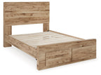 Storage bed frame with drawer panel and open slat base, light beige wood