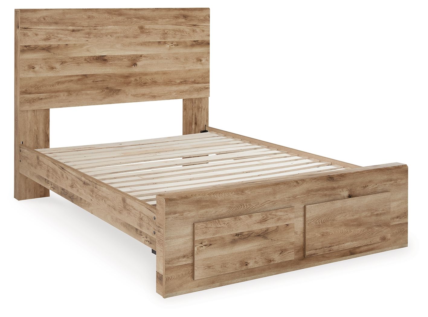 Storage bed frame with drawer panel and open slat base, light beige wood