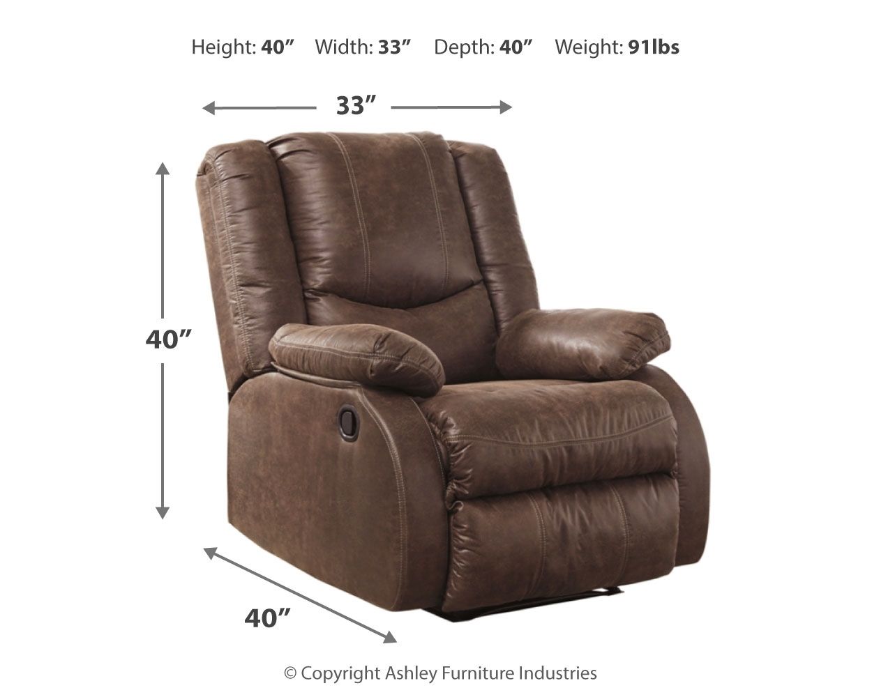 Bladewood recliner size diagram: 40 in height, 33 in width, 40 in depth