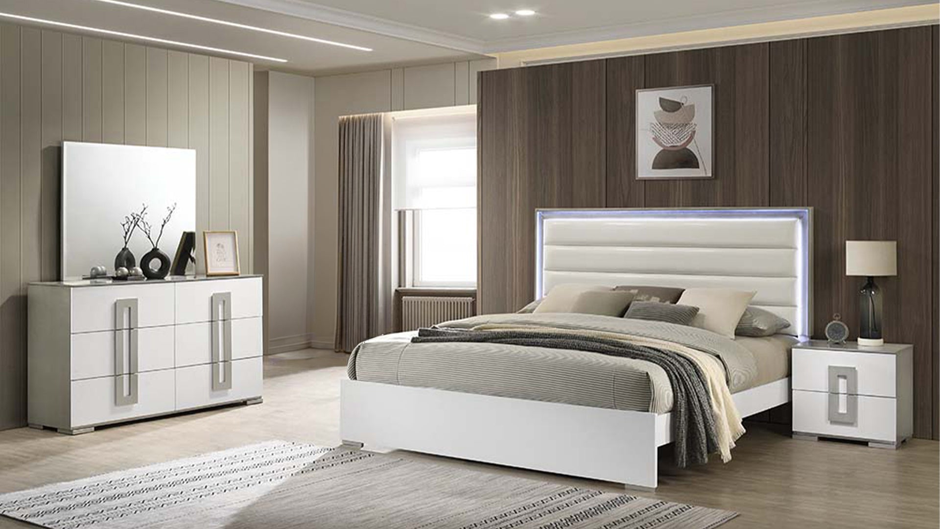 Olivia Contemporary White Wood Full Bedroom Set w/ LED Headboard