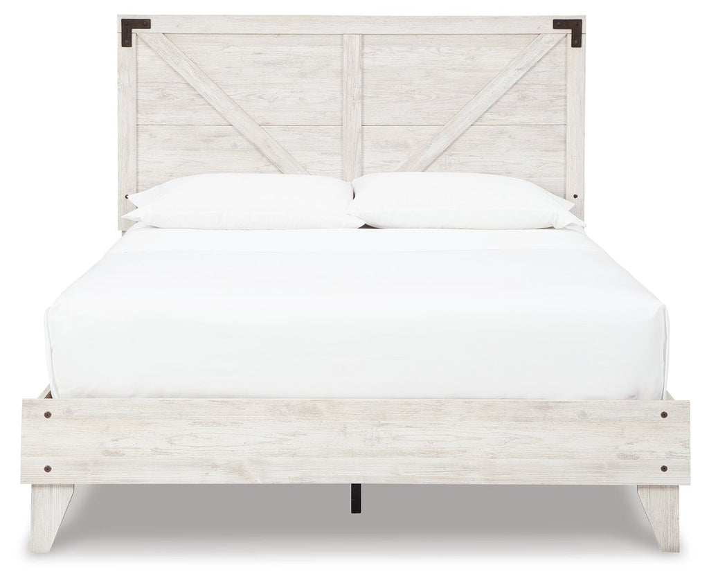 White panel bed with light wood finish, paneled headboard and footboard, white bedding