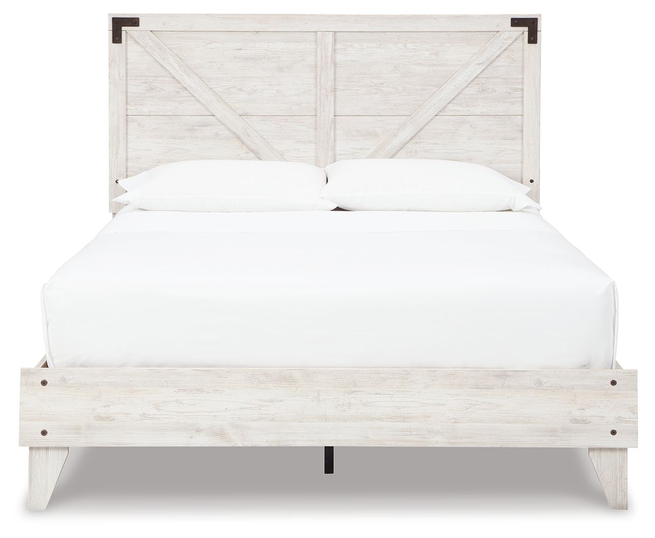 White panel bed with light wood finish, paneled headboard and footboard, white bedding