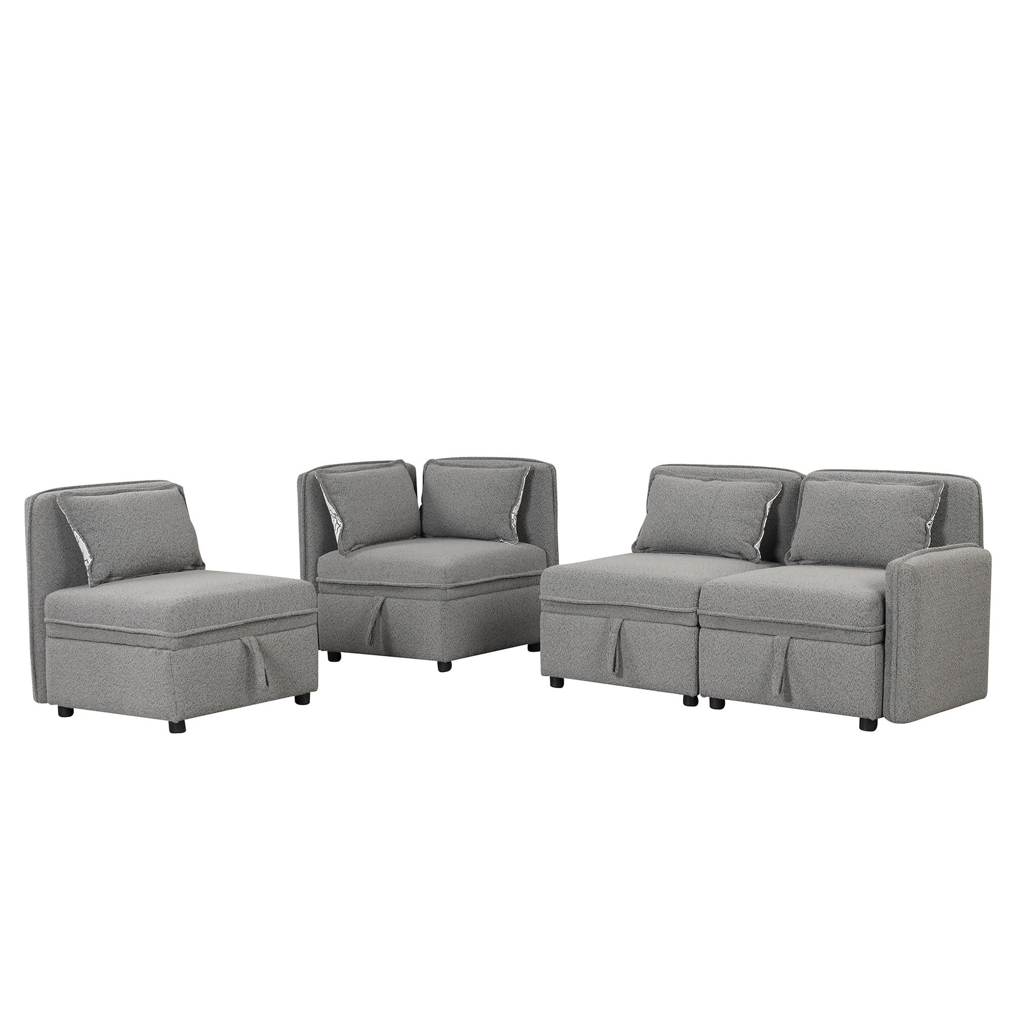 122.8" Convertible Modular Sofa | Chenille Fabric Sectional | 4 Seater with Pillows | Gray-Stationary Sectionals-American Furniture Outlet