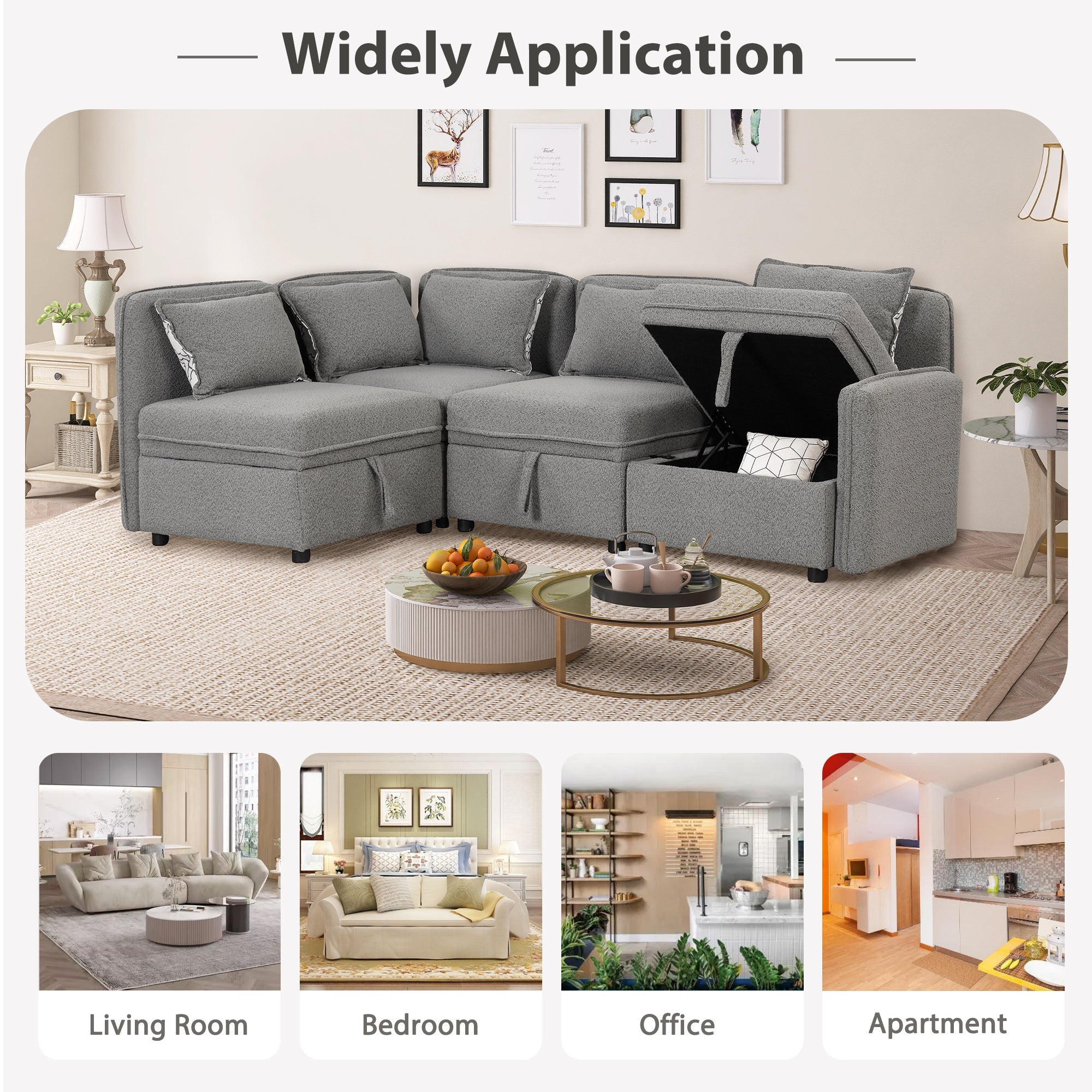122.8" Convertible Modular Sofa | Chenille Fabric Sectional | 4 Seater with Pillows | Gray-Stationary Sectionals-American Furniture Outlet