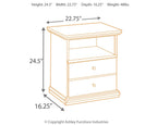 Nightstand dimensions diagram: top shelf, two drawers; height 24.5 in, width 22.75 in
