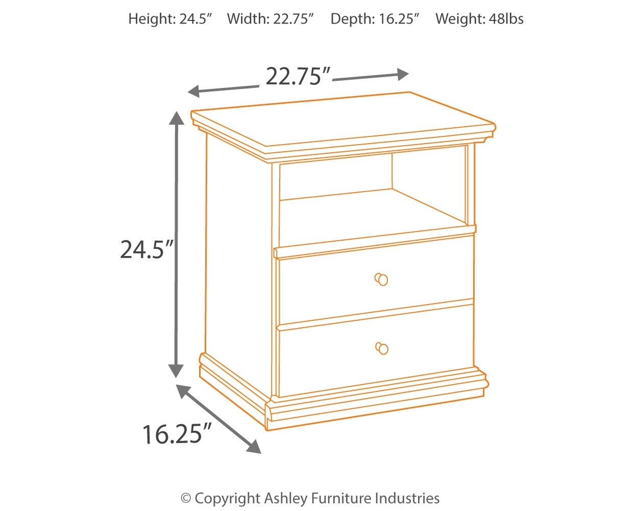 Nightstand dimensions diagram: top shelf, two drawers; height 24.5 in, width 22.75 in