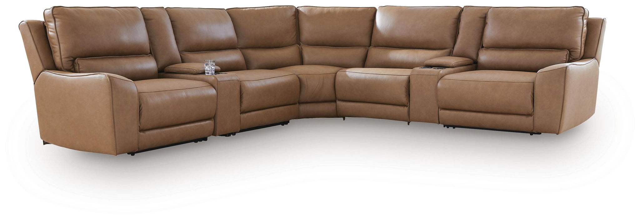 Power reclining sectional sofa in tan leather, corner and chaise seat sections