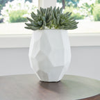 White faceted ceramic vase holding green succulent stems