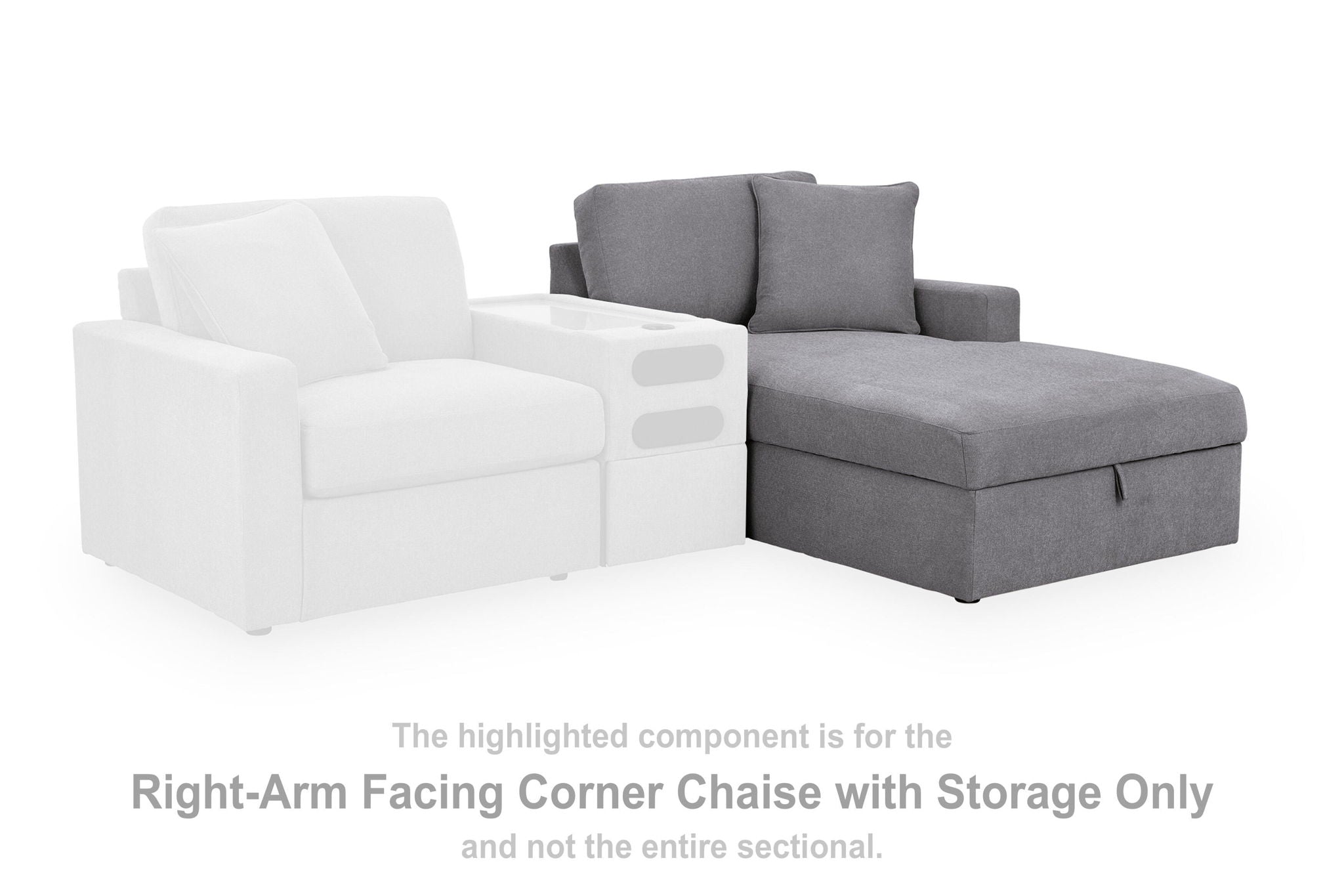 Gray RAF corner chaise with storage, showing chaise seat and back pillows