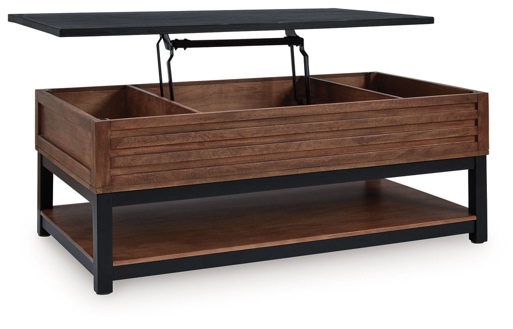 Lift-top cocktail table with warm brown wood cabinet and black frame, top raised.
