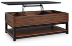 Lift-top cocktail table with warm brown wood cabinet and black frame, top raised.