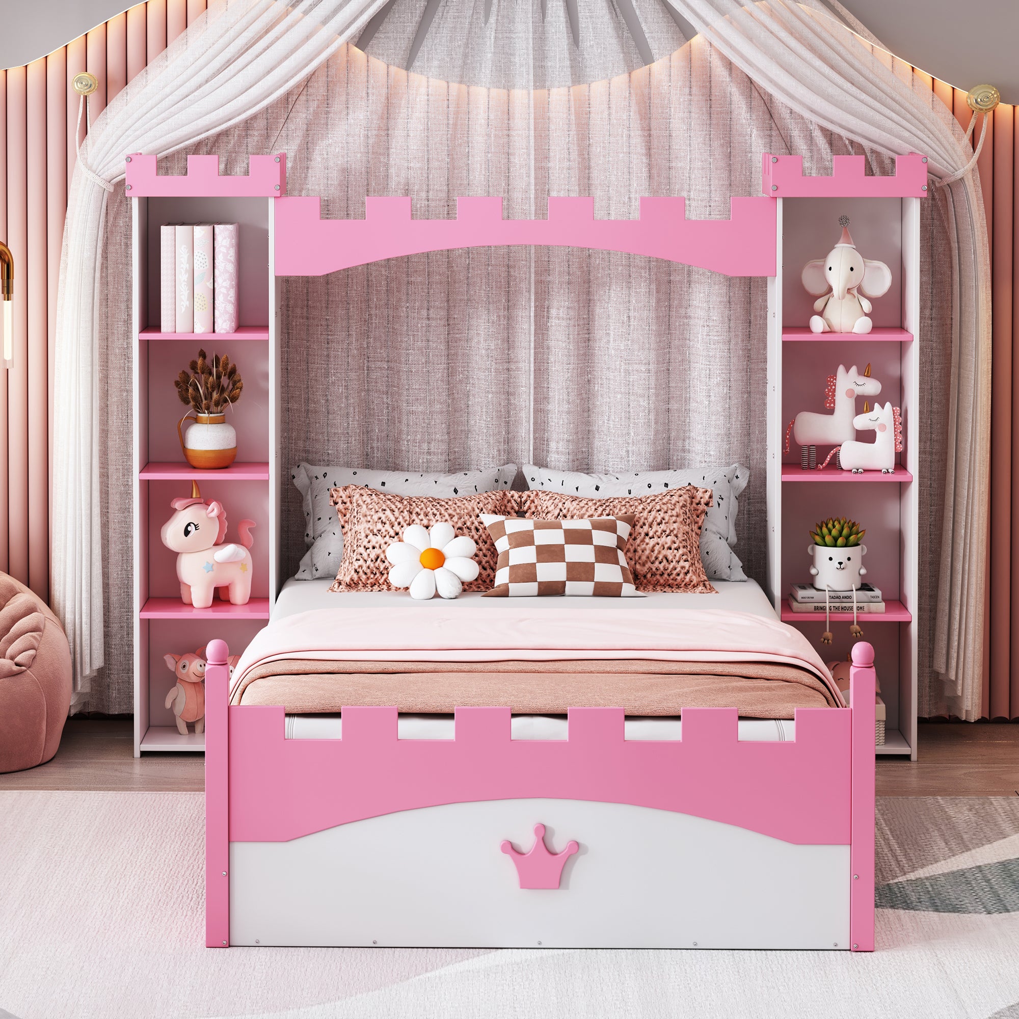 Castle Twin Bed with Storage for Kids: White & Pink Dreamy Platform