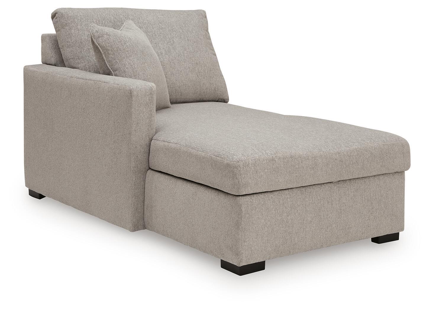 Upholstered corner chaise with left arm, gray fabric, square arms, attached back cushion