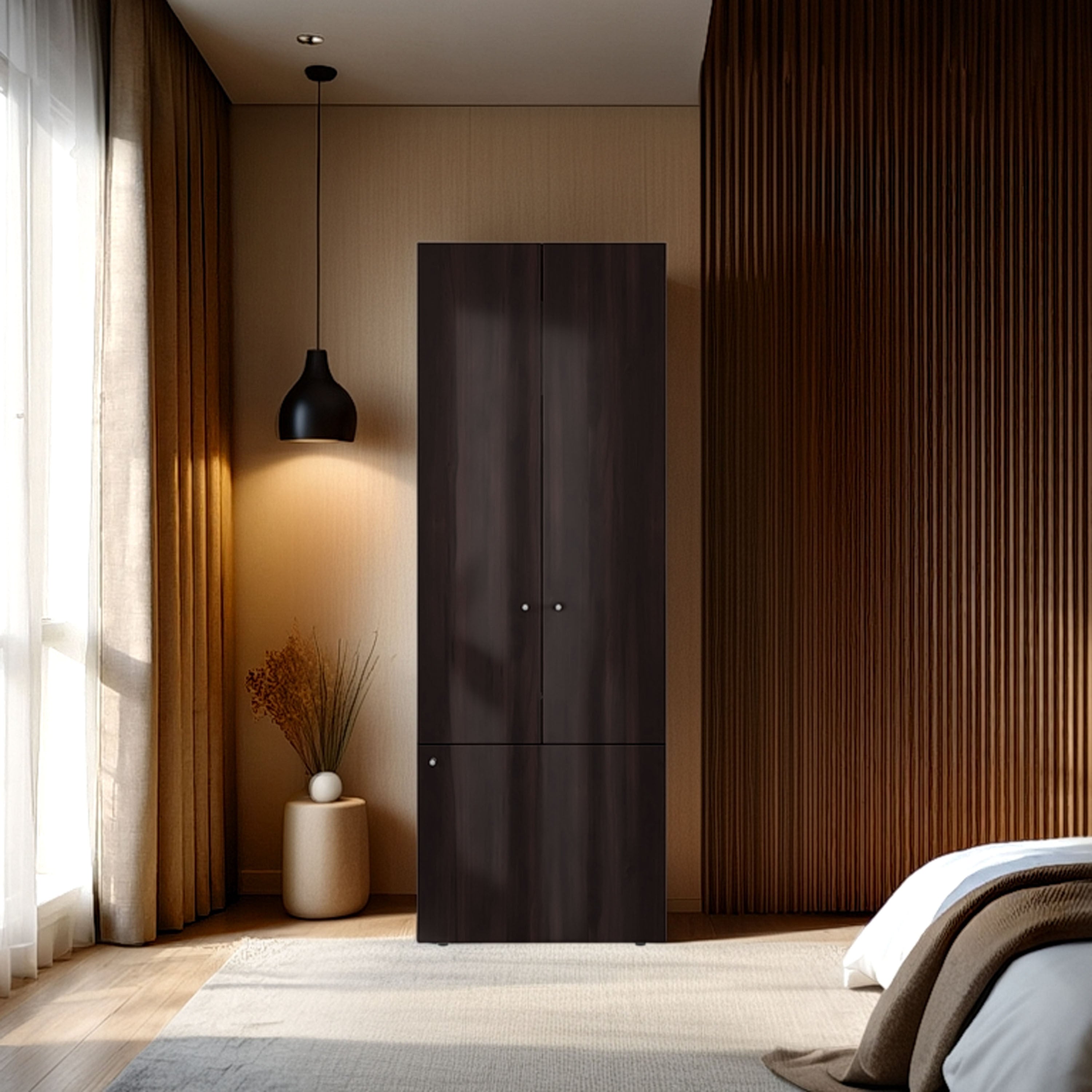 Walnut Black Wengue 3-Door 3-Shelf Armoire Wardrobe