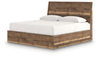Dark brown panel bed with white mattress and two pillows, raised headboard