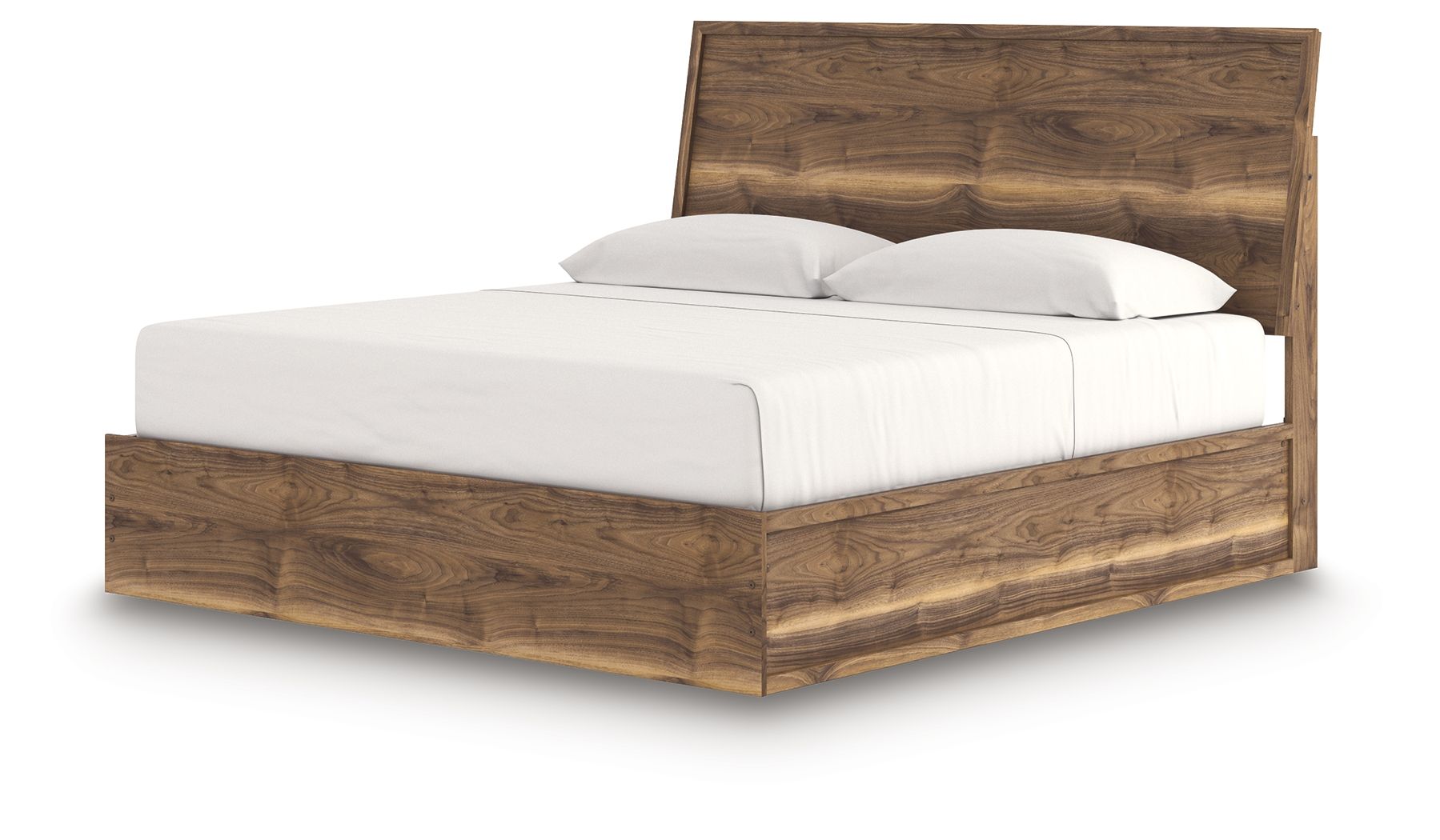 Dark brown panel bed with white mattress and two pillows, raised headboard