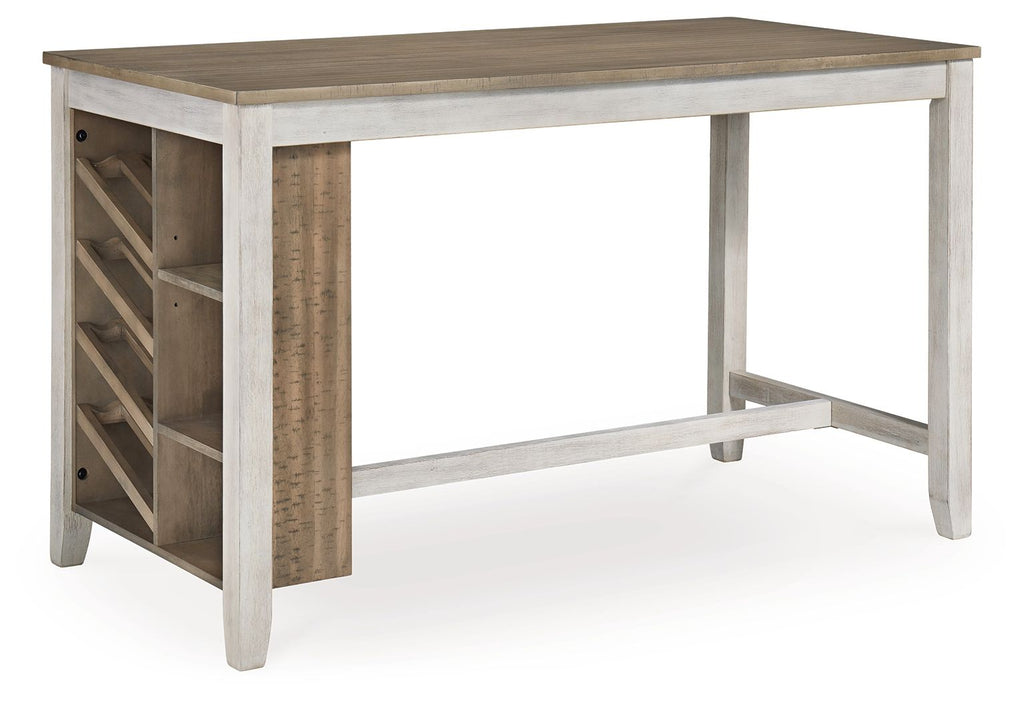 Rectangular counter table with storage shelves, light white and wood finish
