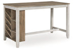Rectangular counter table with storage shelves, light white and wood finish