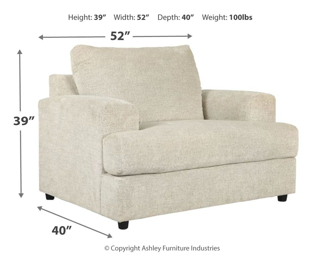 Stone-colored chair and a half with square arms, rounded back, and block legs