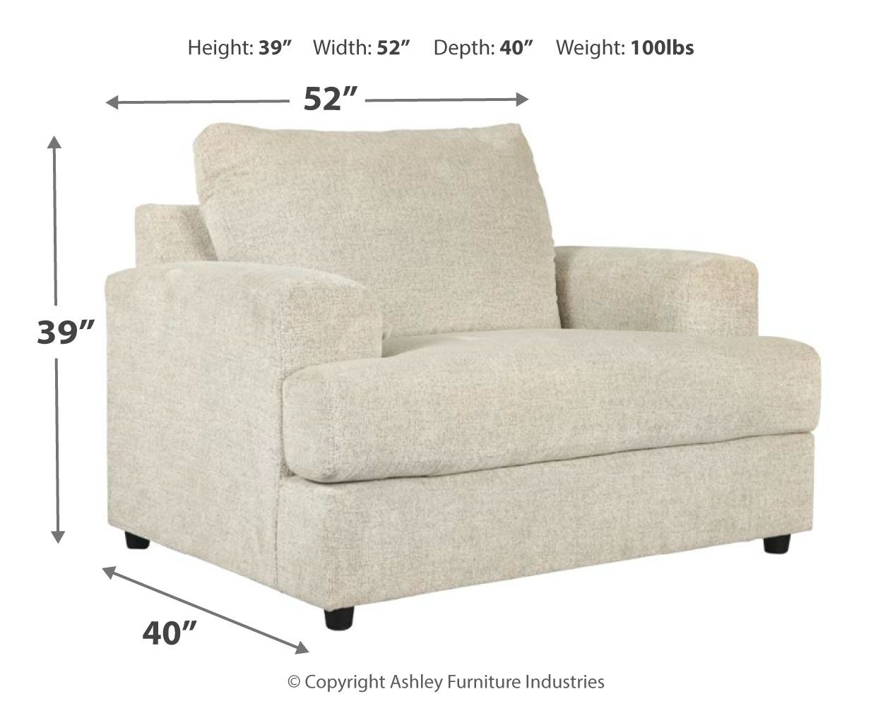 Stone-colored chair and a half with square arms, rounded back, and block legs