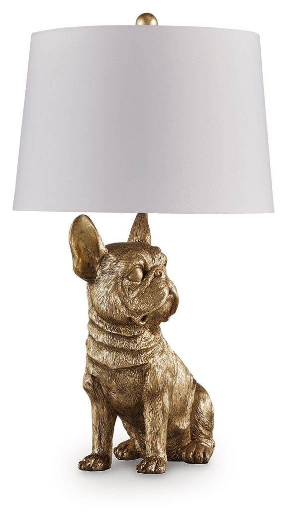 Gold dog table lamp with white fabric drum shade, side view