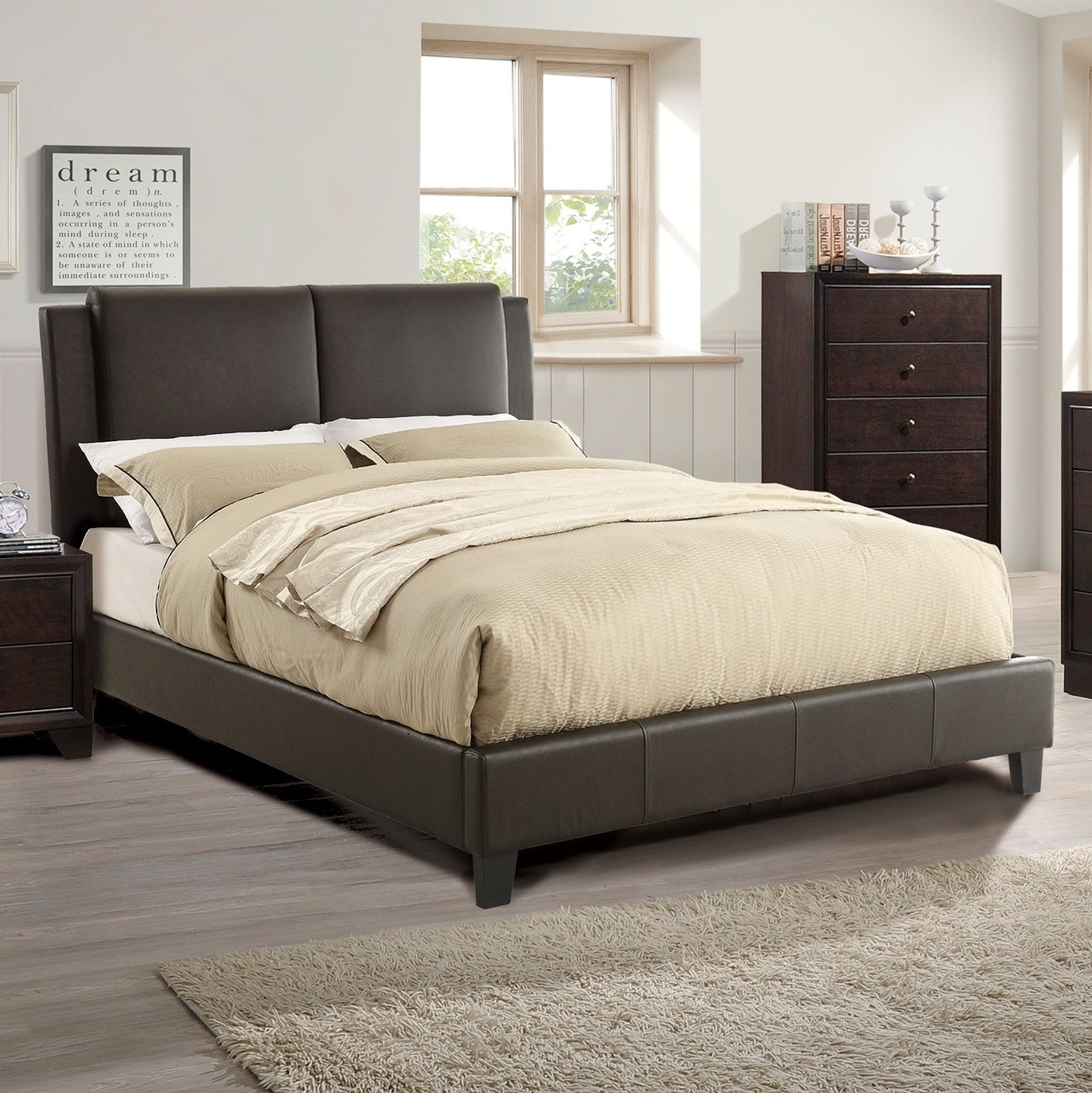 Queen Size Brown Faux Leather Upholstered Bed Frame & Headboard Set