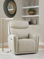 Bone power recliner chair with padded headrest and raised armrests, upright position