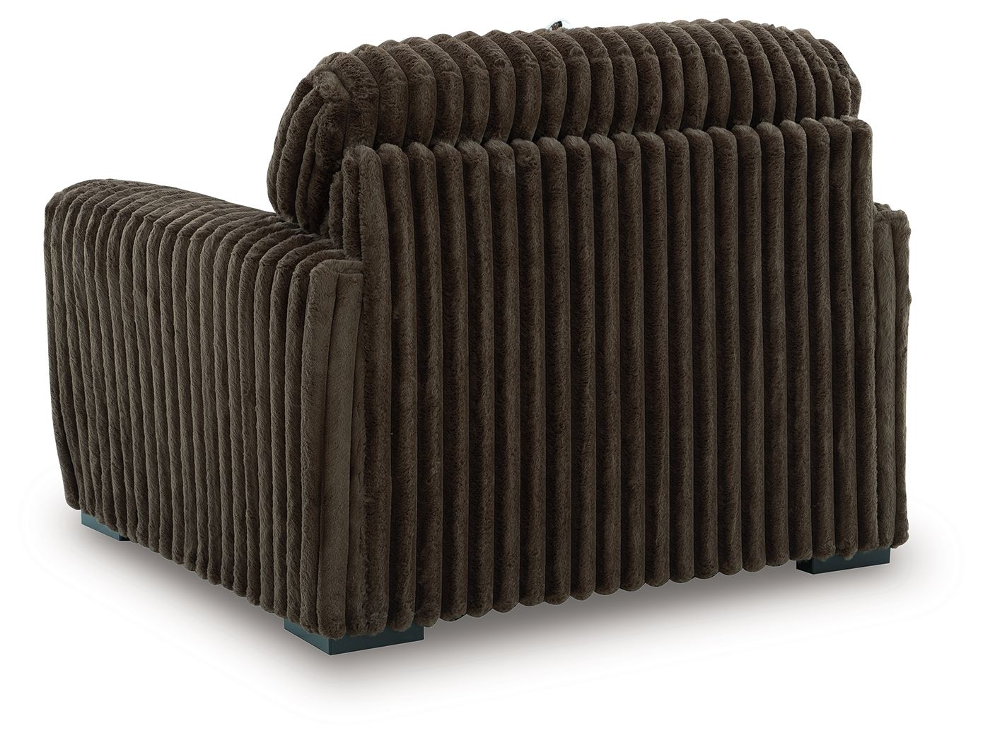 Dark brown chair and a half with thick ribbed upholstery and rounded arms