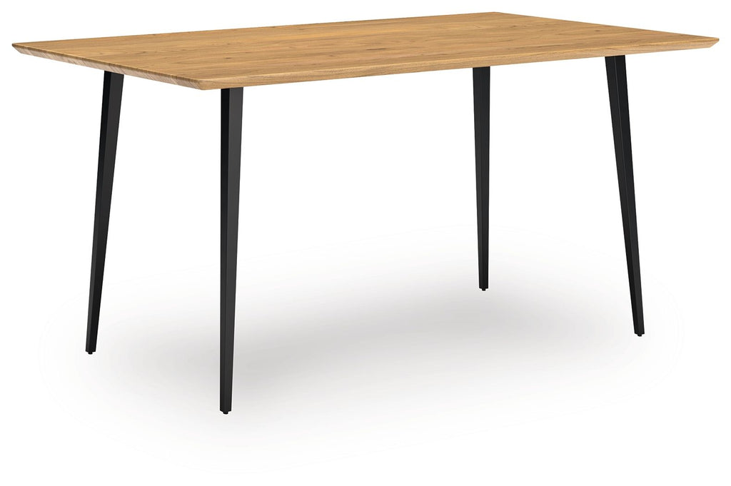 Light brown dining table with black tapered legs and rectangular wood top