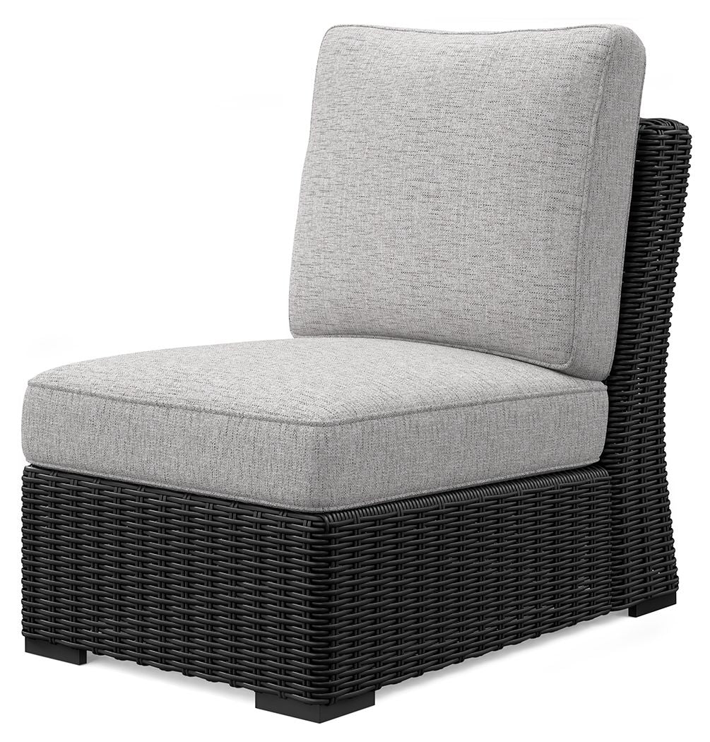 Light gray armless chair cushion with upright back, black woven base
