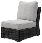 Light gray armless chair cushion with upright back, black woven base