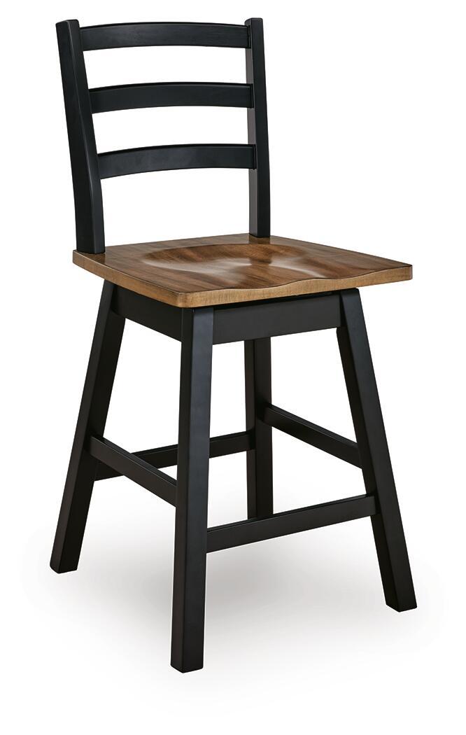 Black swivel stool with slatted back and natural-grain wood square seat