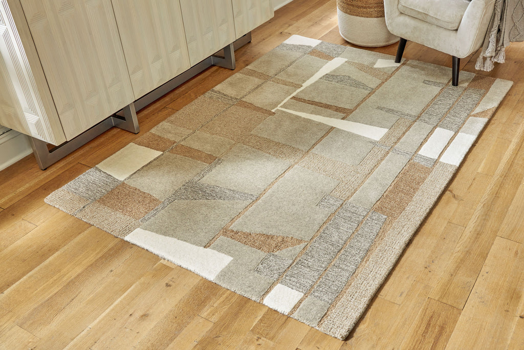 Abbotton rug, light brown and gray blocks with cream abstract lines