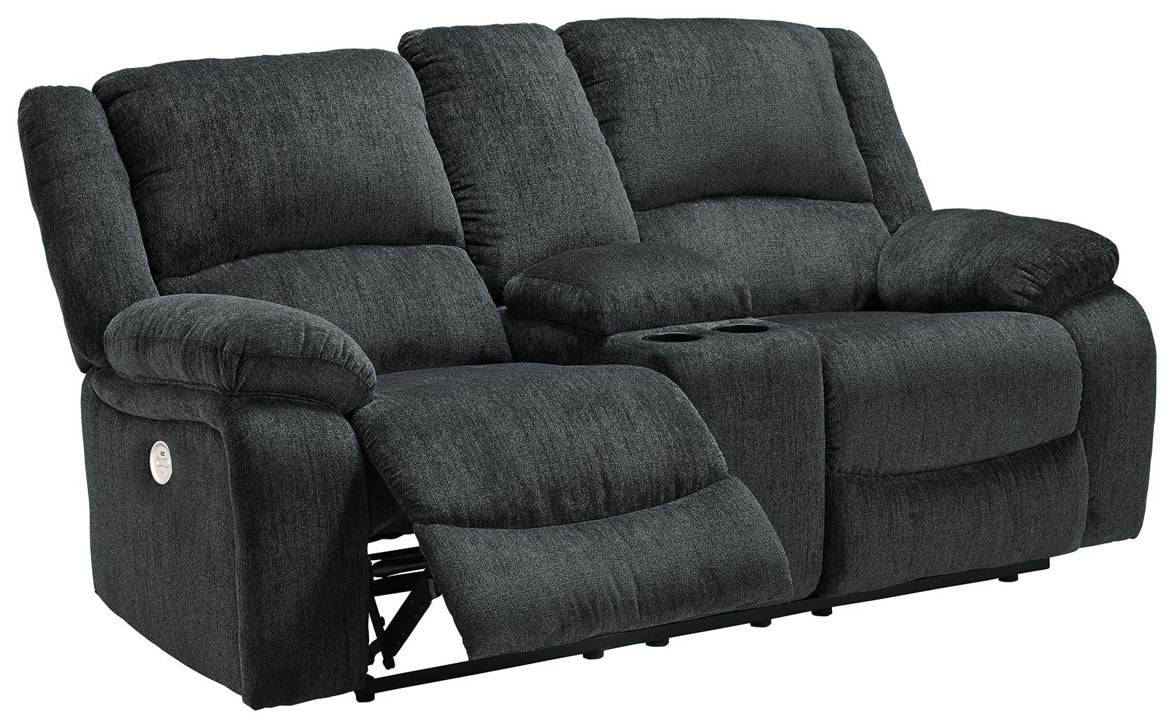 Dark gray reclining loveseat with raised footrest under the side arm