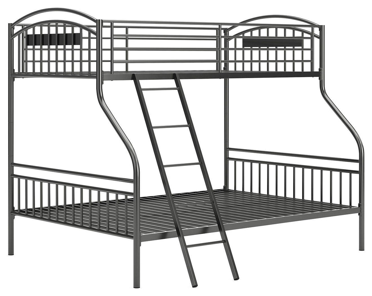 Dark gray bunk bed with ladder and guardrails, bottom deck with slatted base