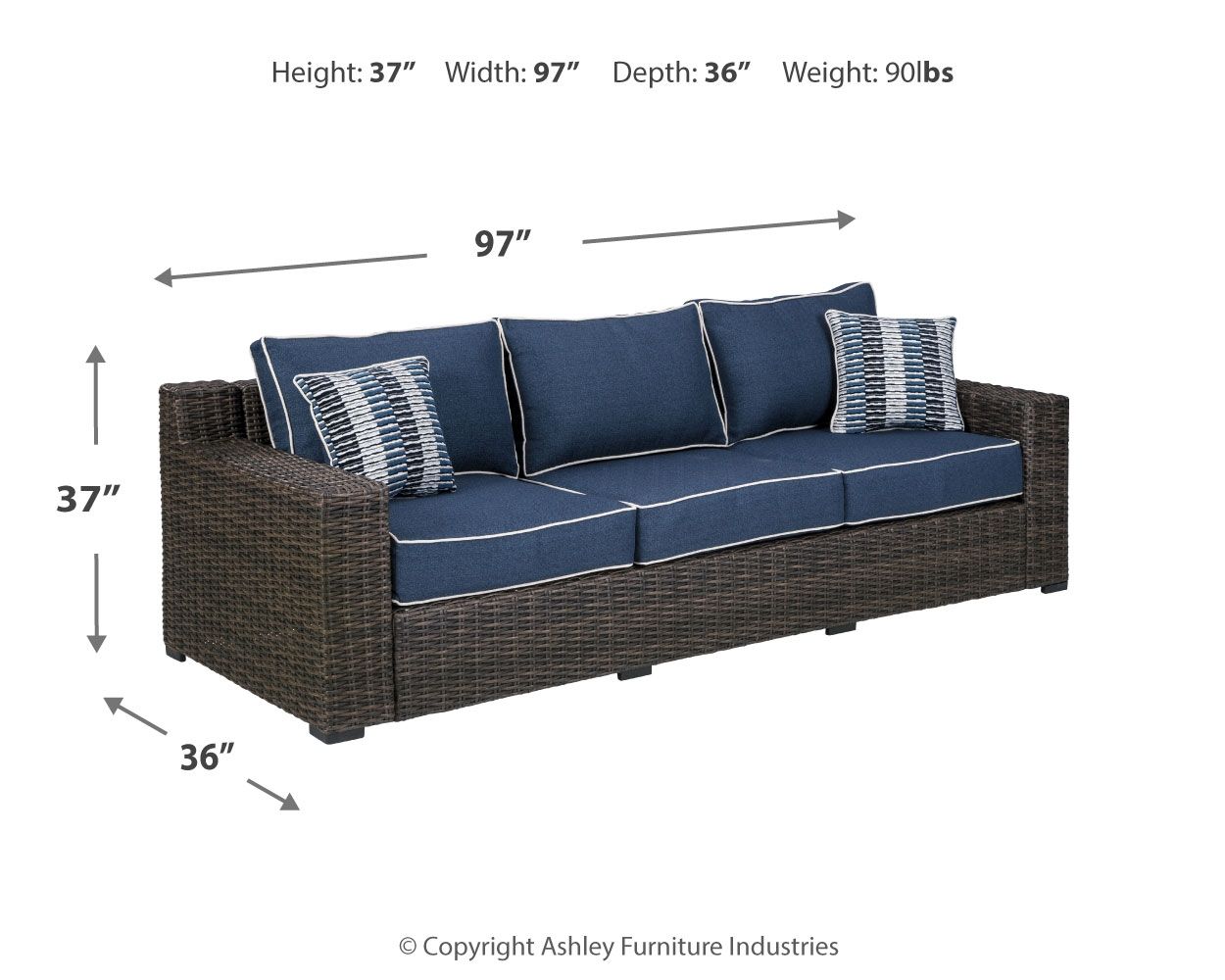 Brown wicker sofa with blue seat/back cushions and two striped accent pillows
