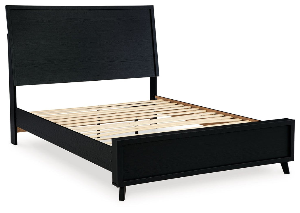 Black panel bed frame with slatted base and headboard, no mattress