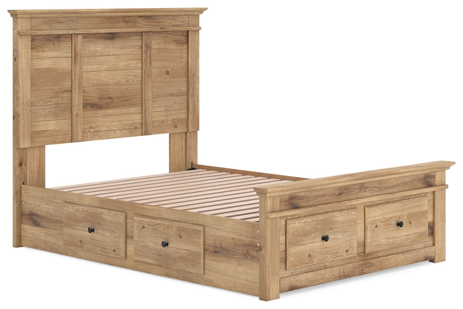 Light brown panel storage bed with slatted mattress base and two front drawers
