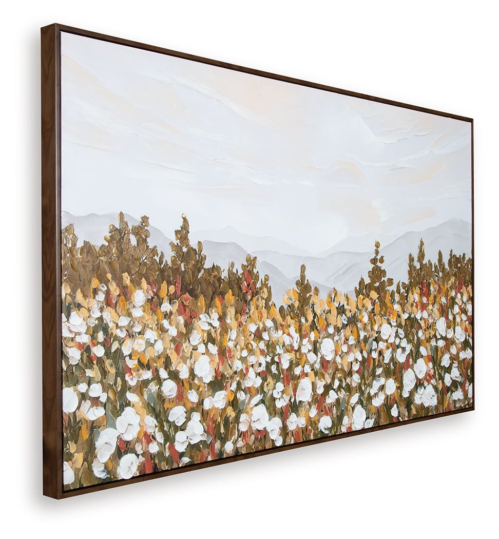 Framed wall art showing dense gold-brown and white flower dots over a soft sky